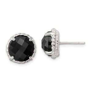 925 Sterling Silver Genuine Polished & Twisted Edge Round Onyx Post Earrings